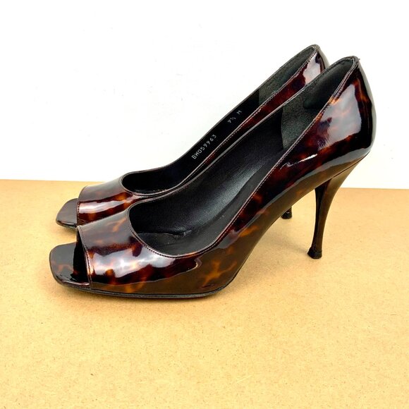 Stuart Weitzman Brown Patent Leather Tortoise Shell Peep Toe Pumps Size 9.5M - Picture 12 of 16